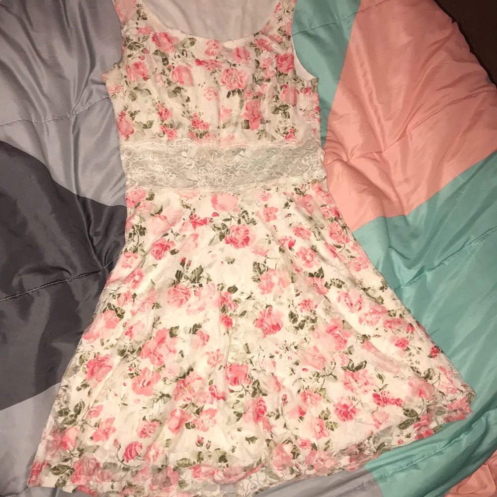 Flowery white dress.